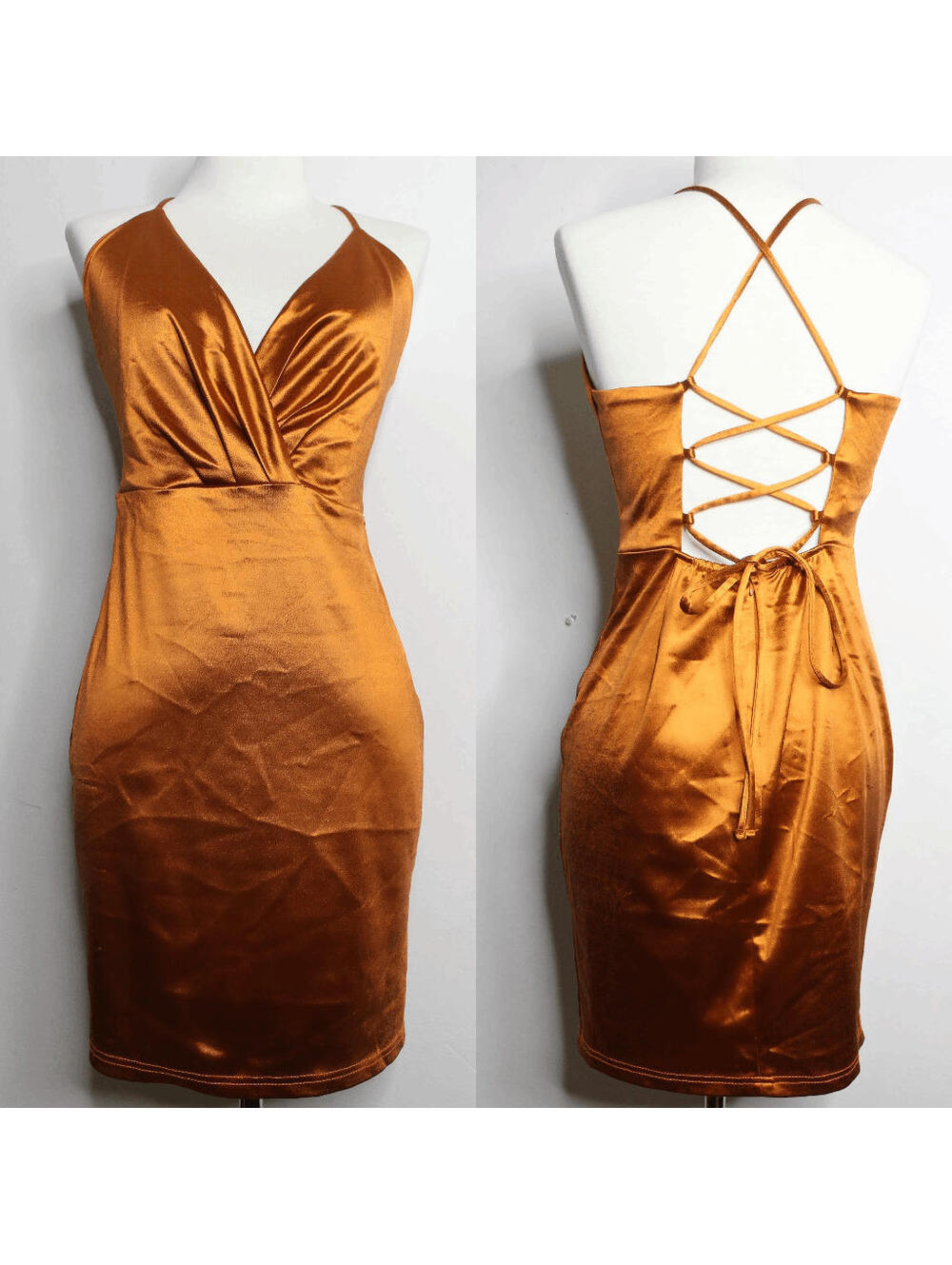Burnt Orange Satin Bodycon Lace Up Mini Dress - Large